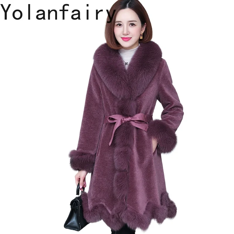 YOLANFAIRY Real Fur Coat Womens Wool New Clothes for Women Winter Fox Collar Coats A-version Outwears Slim Fit Women's Clothing