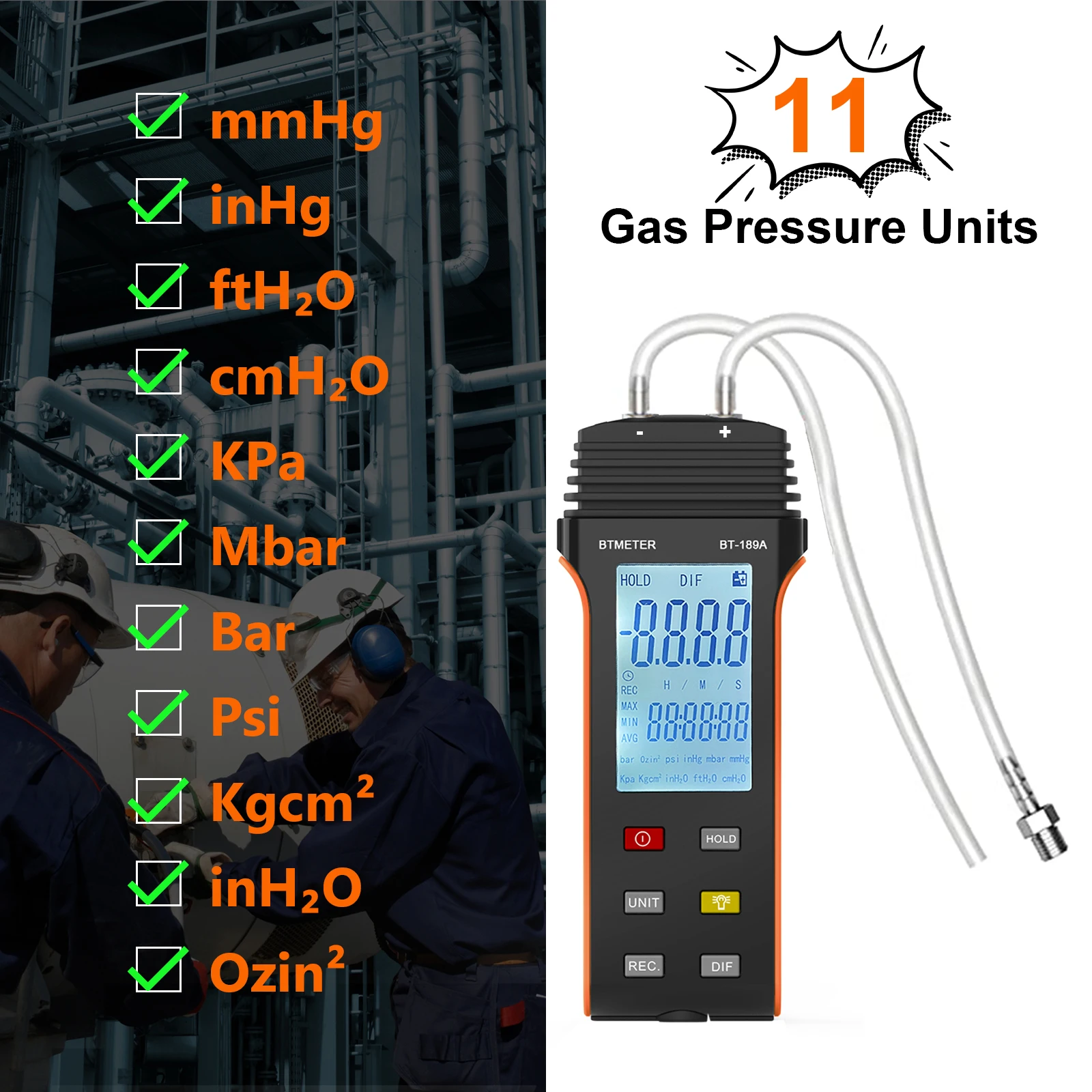 Digital Differential Pressure Gauge, BT-189A, Differential Pressure, Positive and Negative Pressure, Clear reading