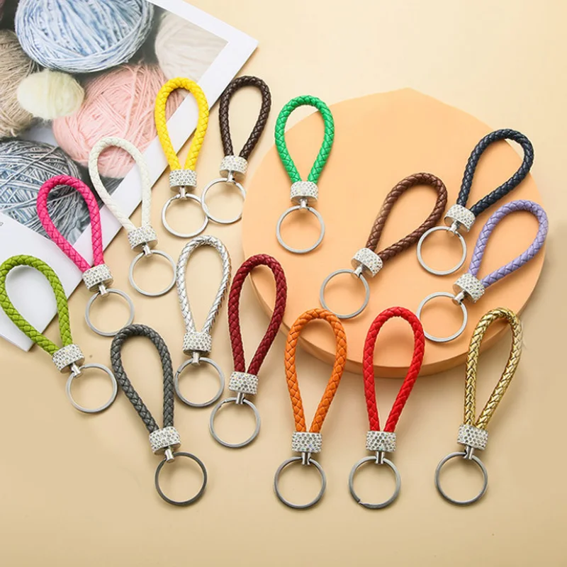 PU Leather Braided Woven Rope Keychain For Women Rhinestones Wrist Strap Key Chains DIY Car Bag Pendant Keyring Jewelry Gift
