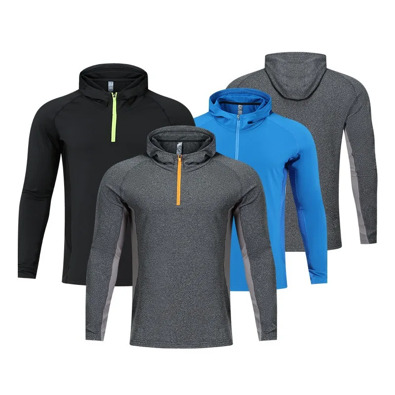 

Men's Autumn and Winter Semi-zip Hooded Running Top, Fleece Warm Long-sleeved, Outdoor Sports Training Fitness Wear