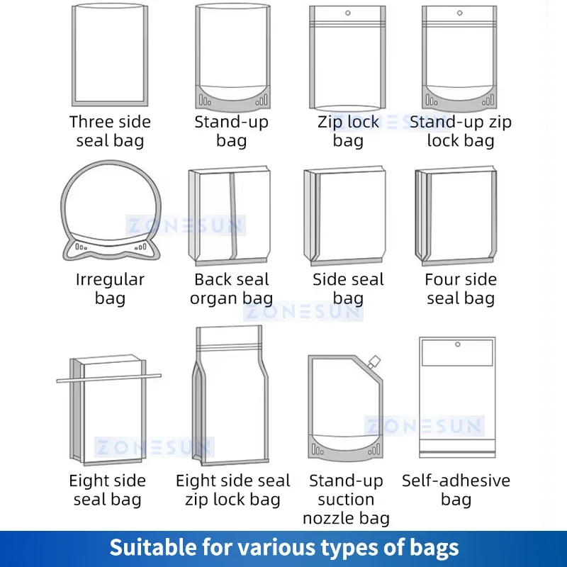 Máquina envasadora de bolsas Zonesun ZS-FSB30, máquina envasadora Doypack, máquina automática de llenado y sellado, gránulos de potencia líquida