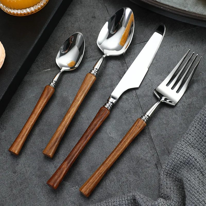 

Wood Handle Stainless Steel Tableware Retro Knife Fork Spoon Cutlery Tools Western Kitchen Utensils