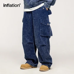 INFLATION Washed Faded Corduroy Cargo Pants Vintage Heavy-Duty Multi-Pocket Casual Pants for Men