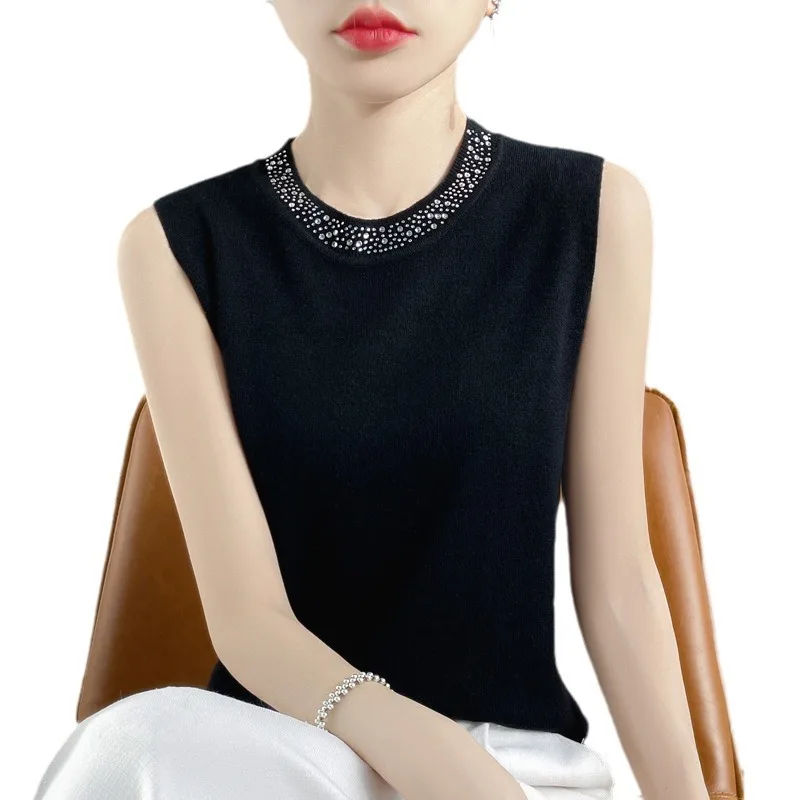 Fahion Women Tank Top 2026 Spring Summer Beading O-neck Sleeveless Tank Tops Innerwear Korean Bottoming Knitted Womens Tank Tops
