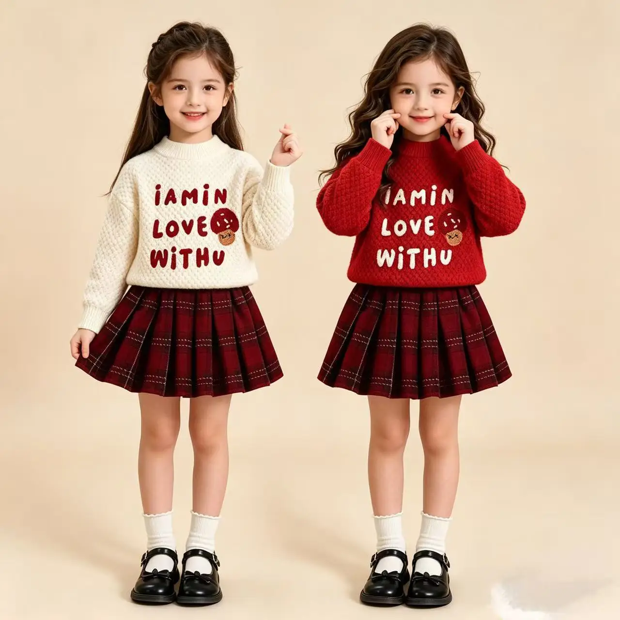 2026 New Autumn Winter Girls 2Pcs Outfit, Letter Embroidered Pullover Sweater & Plaid Skirt, Stylish Baby Girl Kids Set