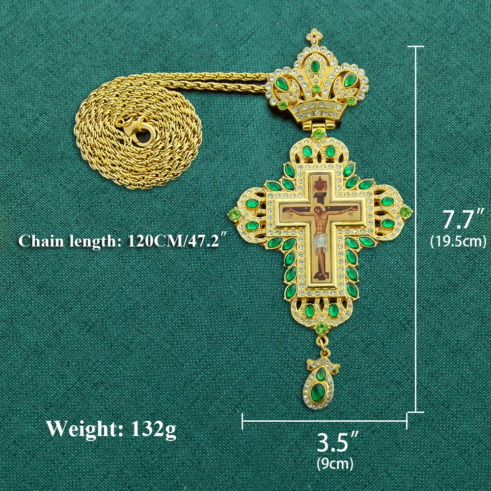 HTISOK Goldfarbenes Orthodoxes Kreuz-Anhänger mit farbigen Strasssteinen, christliches Kruzifix, religiöses Geschenk für Männer und Frauen mit Box – Detail 1