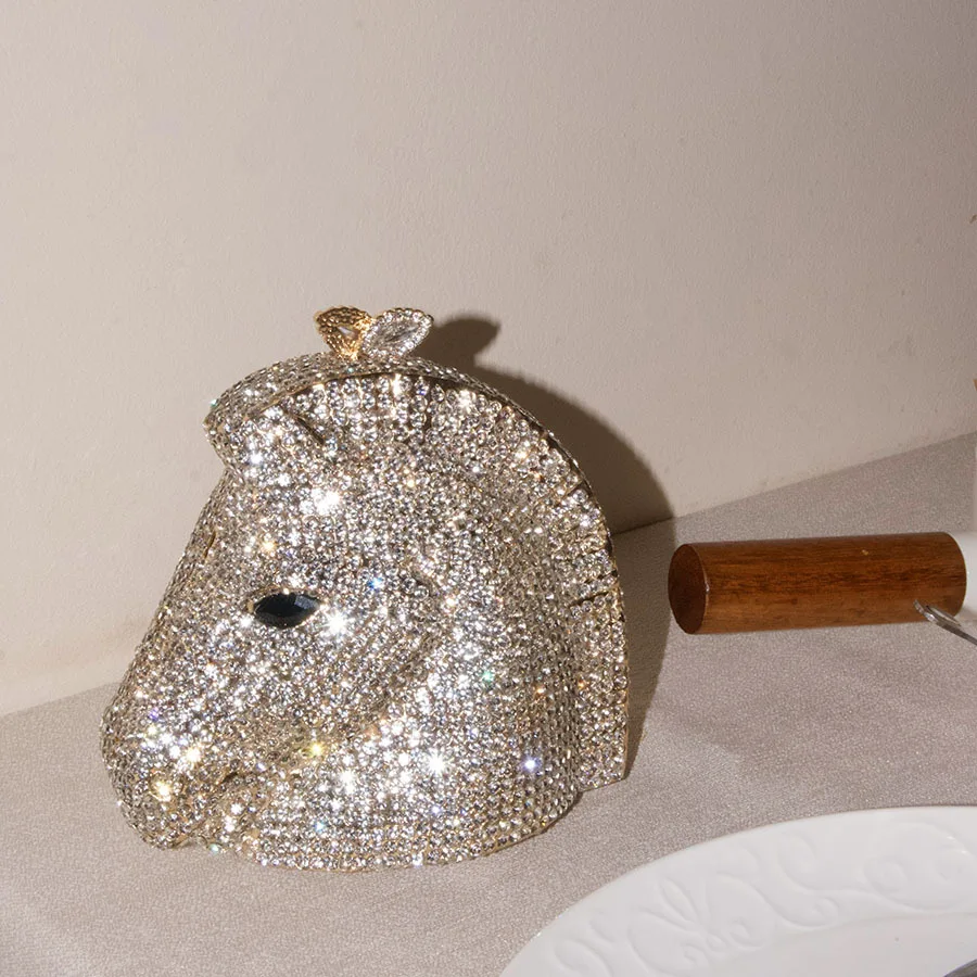

Luxury full diamond horse head clutch bag, champagne gold tone shiny unique niche design messenger bag