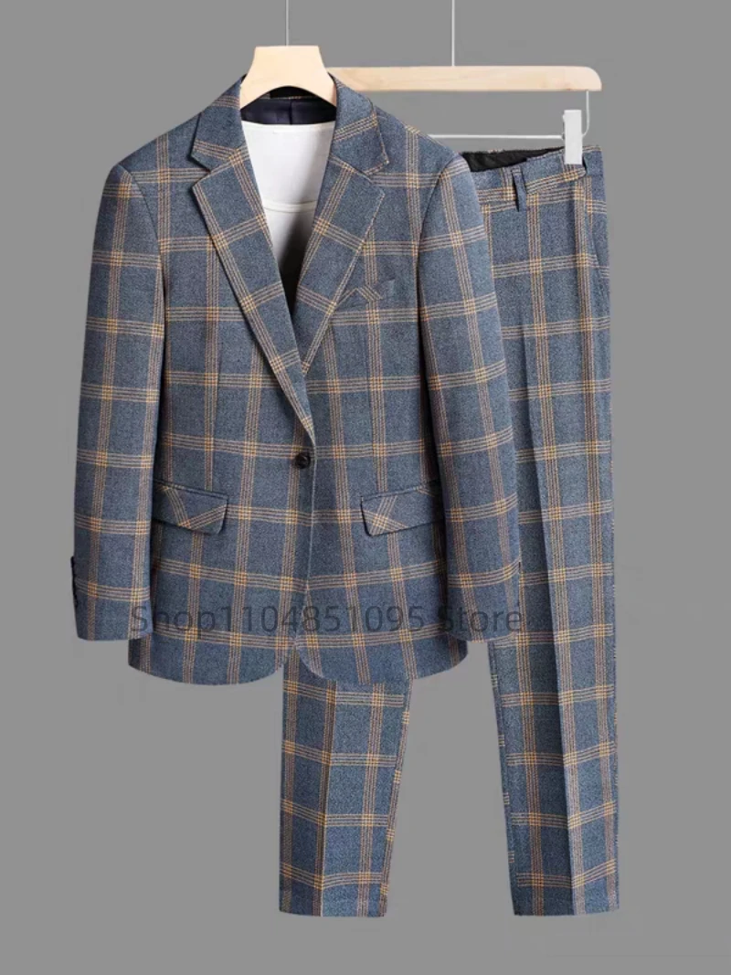 

Мужской элегантный повседневный клетчатый костюм из двух предметов, приталенный однобортный пиджак с лацканами и брюки, высококачественный свадебный костюм Homme