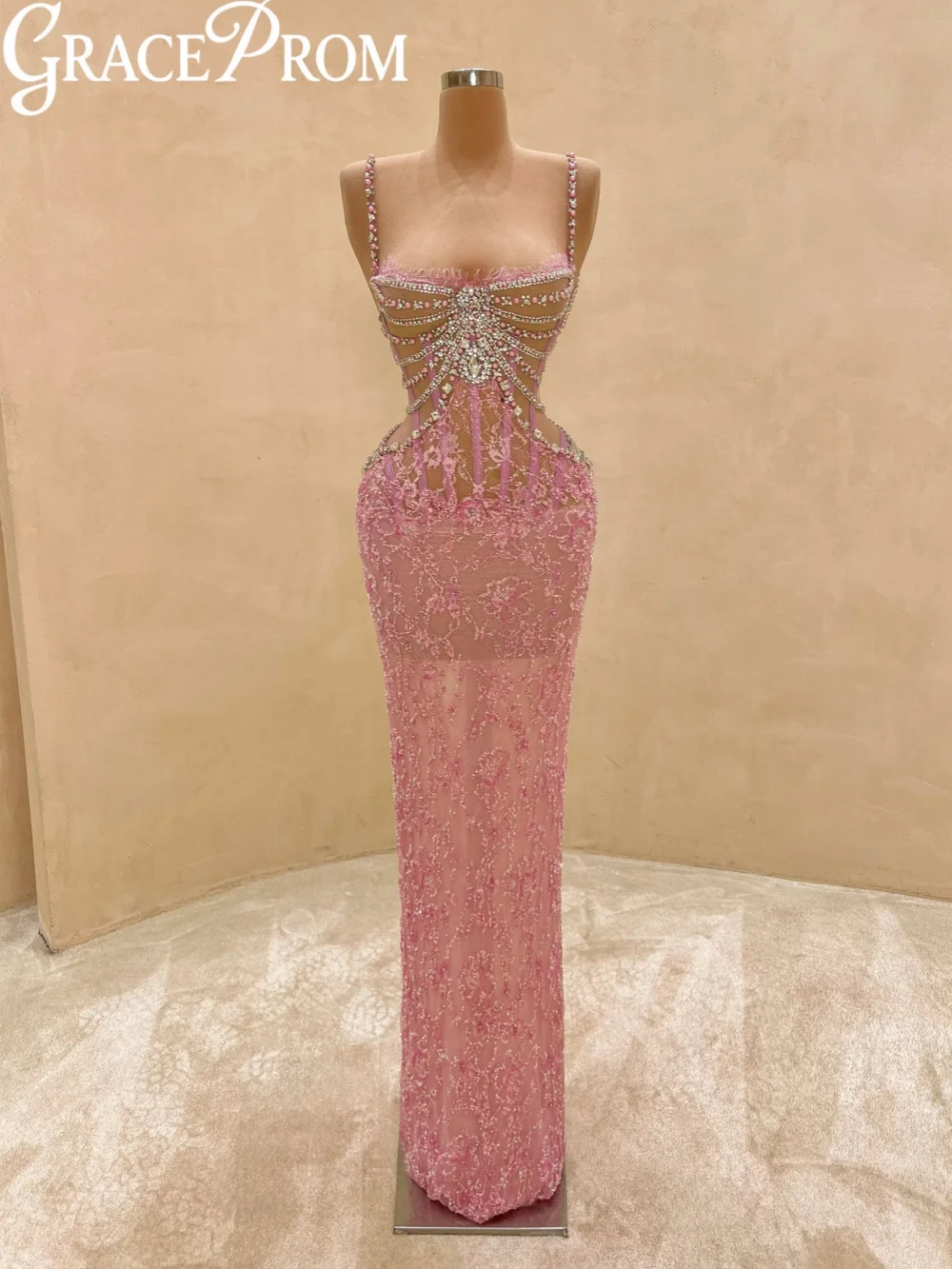 Dazzling Pearls Rhinestones Evening Dress Opulent See Through Lace Long Wedding Party Gowns Customized Elegant Banquet Gowns