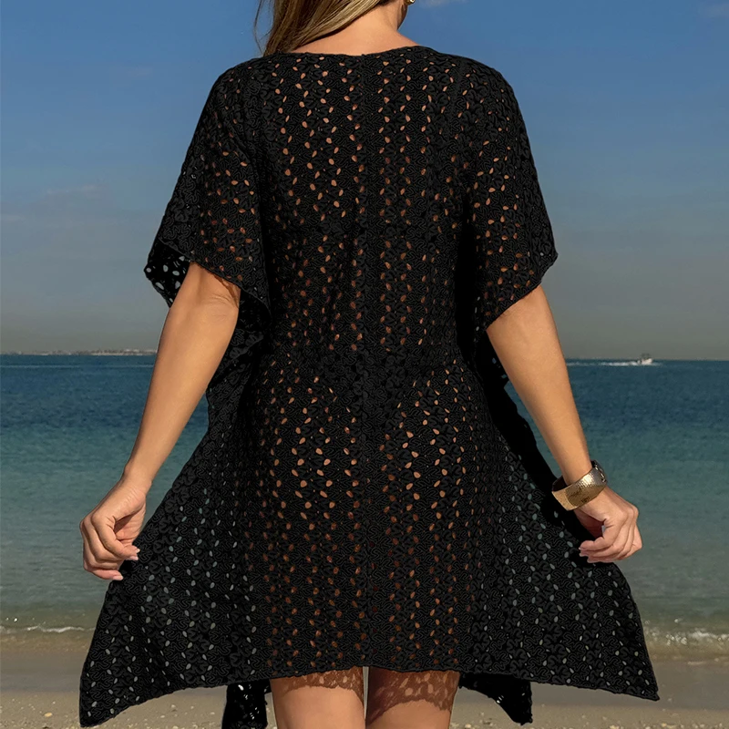 Robe portefeuille Sexy à col en V profond, manches longues, fente latérale, tricot ajouré, vêtements de plage, Cover-Up pour les vacances d'été, robe courte élégante