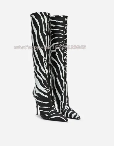 Zebra-print Soft Leather Pointed Toe Knee High Boots Stripe Slip-on Stiletto High Heels Shoes Women Winter Designer New Arrivals