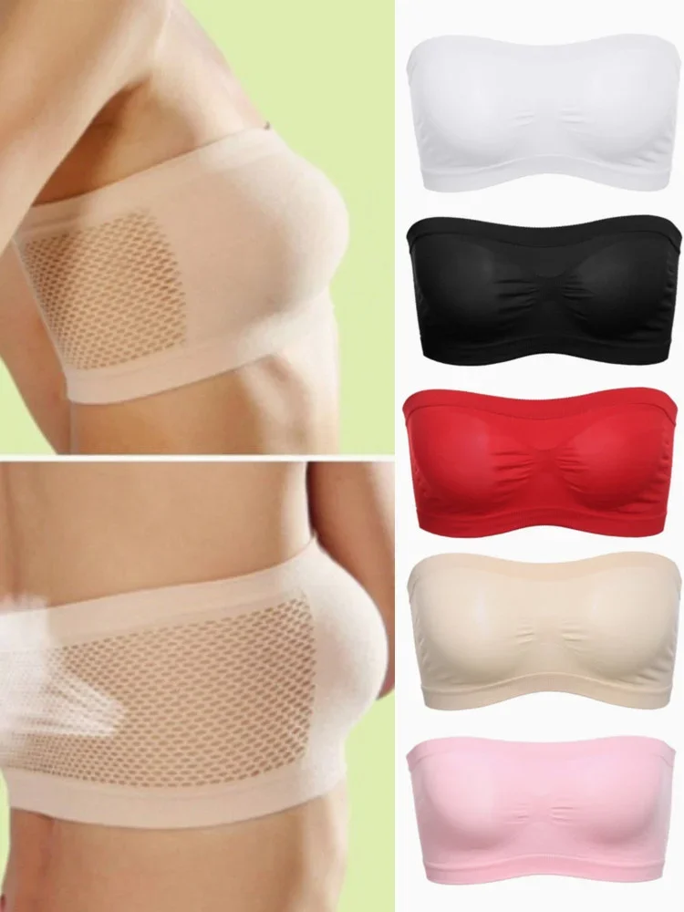 Women Bandeau Strapless Seamless Padded Bra Tube Tops Solid Color Tank Top Casual Cropped Underwear