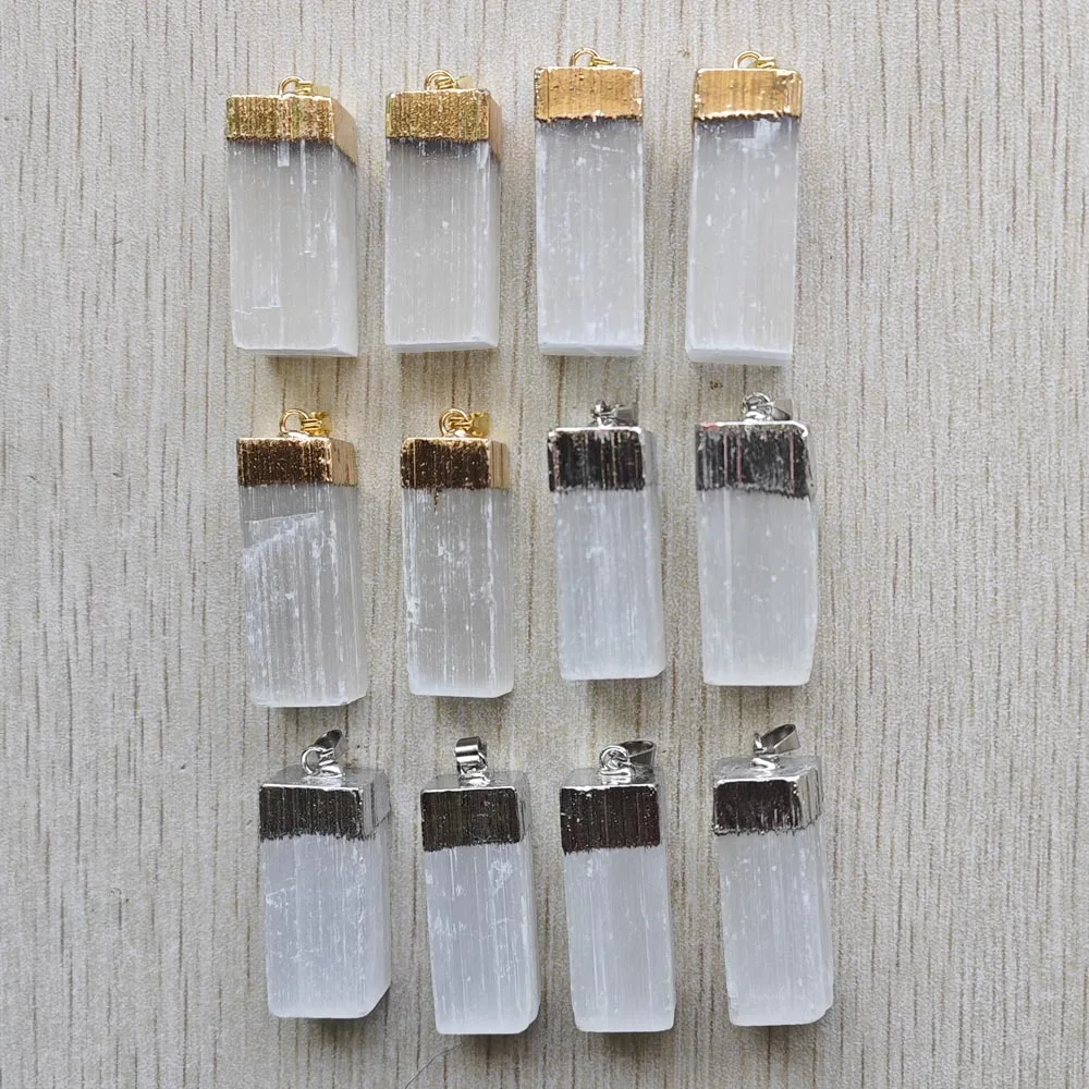 

Good quality Natural Selenite Plaster Reiki Healing Energy cuboid Pendants diy Jewelry making Wholesale 12pcs free shipping