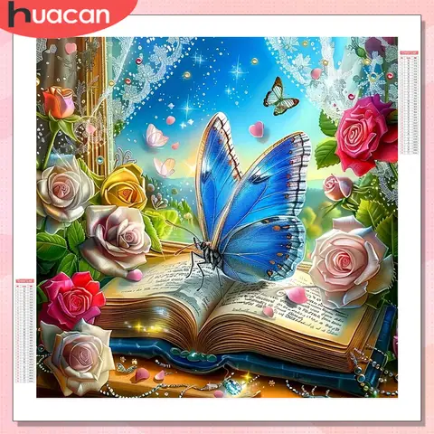 HUACAN Diamond Mosaic Rose Flower Butterfly Handmade Wall Decoration Diamond Painting Book Landscape Full Drill Unique Gift