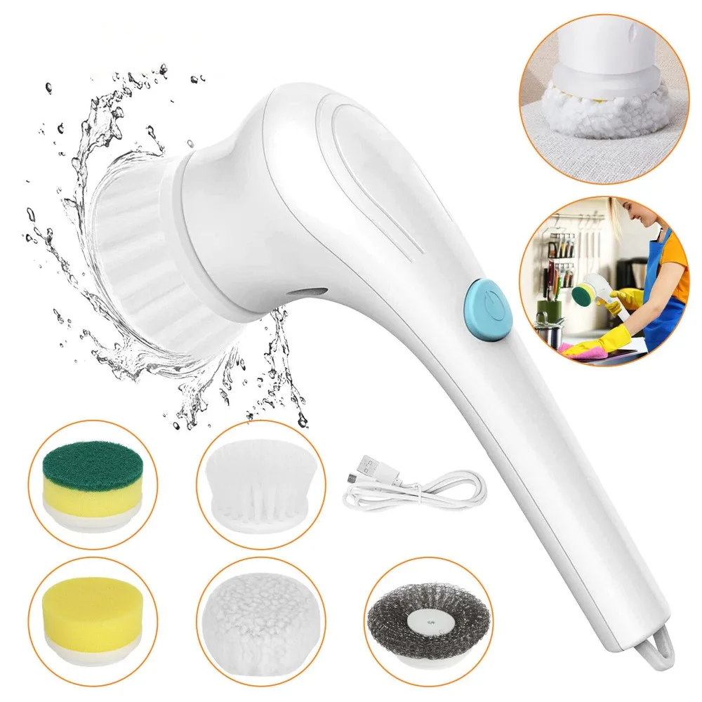 Cordless Electric Spin Scrubber with 5 Replaceable Brush Heads - Rechargeable 360° Power Scrubber for Walls Bathtubs and More