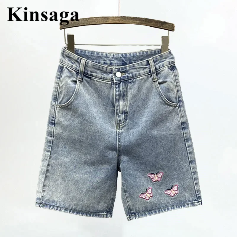 

Aesthetic Bow Embroidered Demin Capris Mori Girl Casual Simple High Waist Five Point Pants Jeans Summer Slim Fit Shorts Bermudas