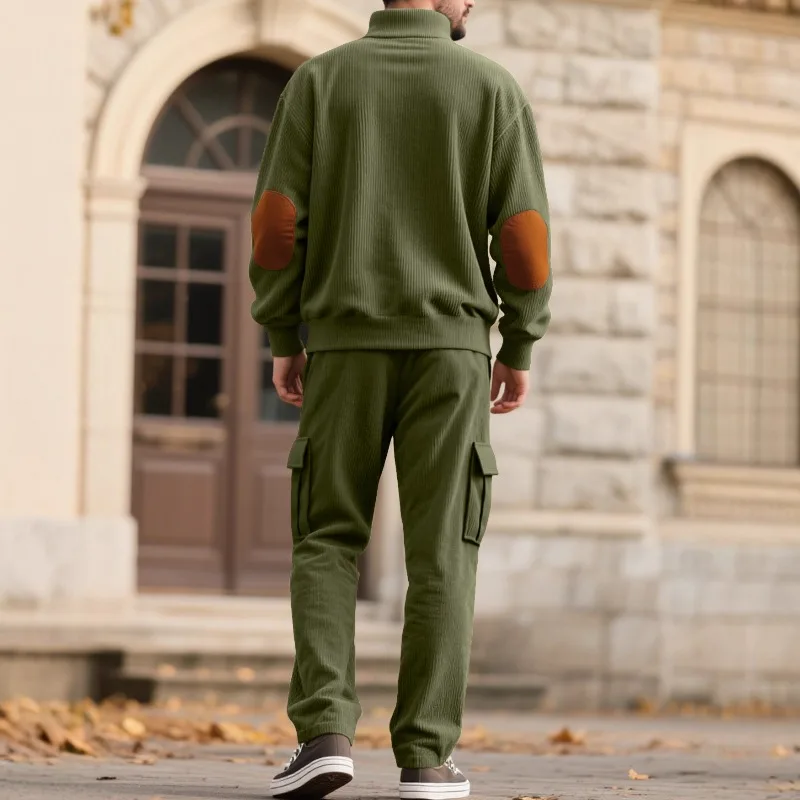 KIDWHXR Autumn Man 2-piece Outfit American Turn Down Collar Sweatshirt Men Cargo Sweatpant Male Casual Breathable Sport Set