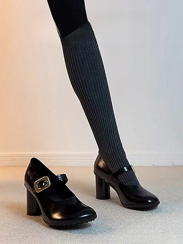 Commute Style round Head 2026 New One Row Buckle Mary Jane Shoes Women Black Thick Heel Shallow Mouth Single Shoes Leather Ve...