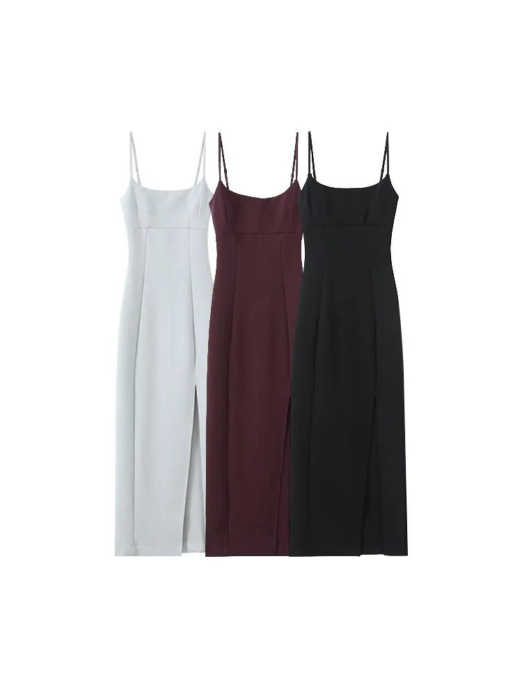 Frauen Mode Front Vent Weiche Strappy Midi Kleid Gerade Neck Dünnen Trägern Weibliche Kleider Vestidos Mujer