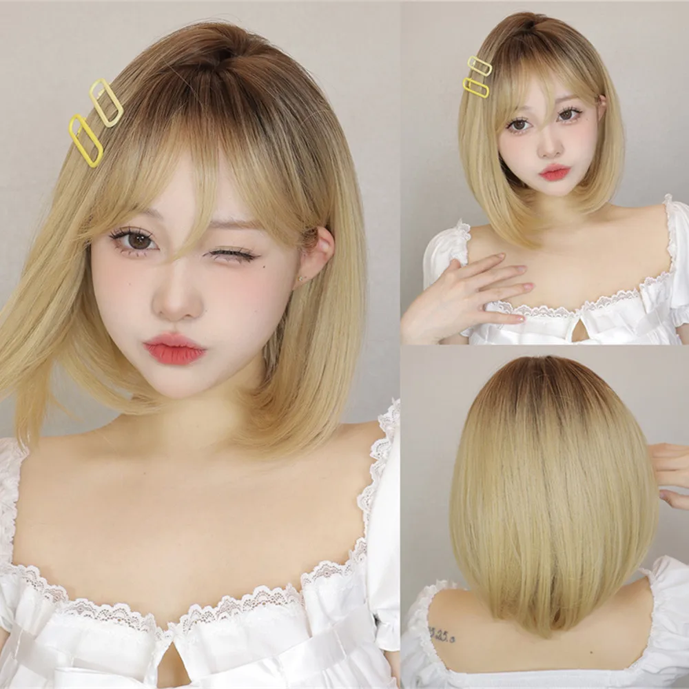 

Blonde Bob Wigs with Bangs Short Straight Ombre Wigs for Women Hair with Dark Roots Heat Resistant Synthetic Wig Natural Looking