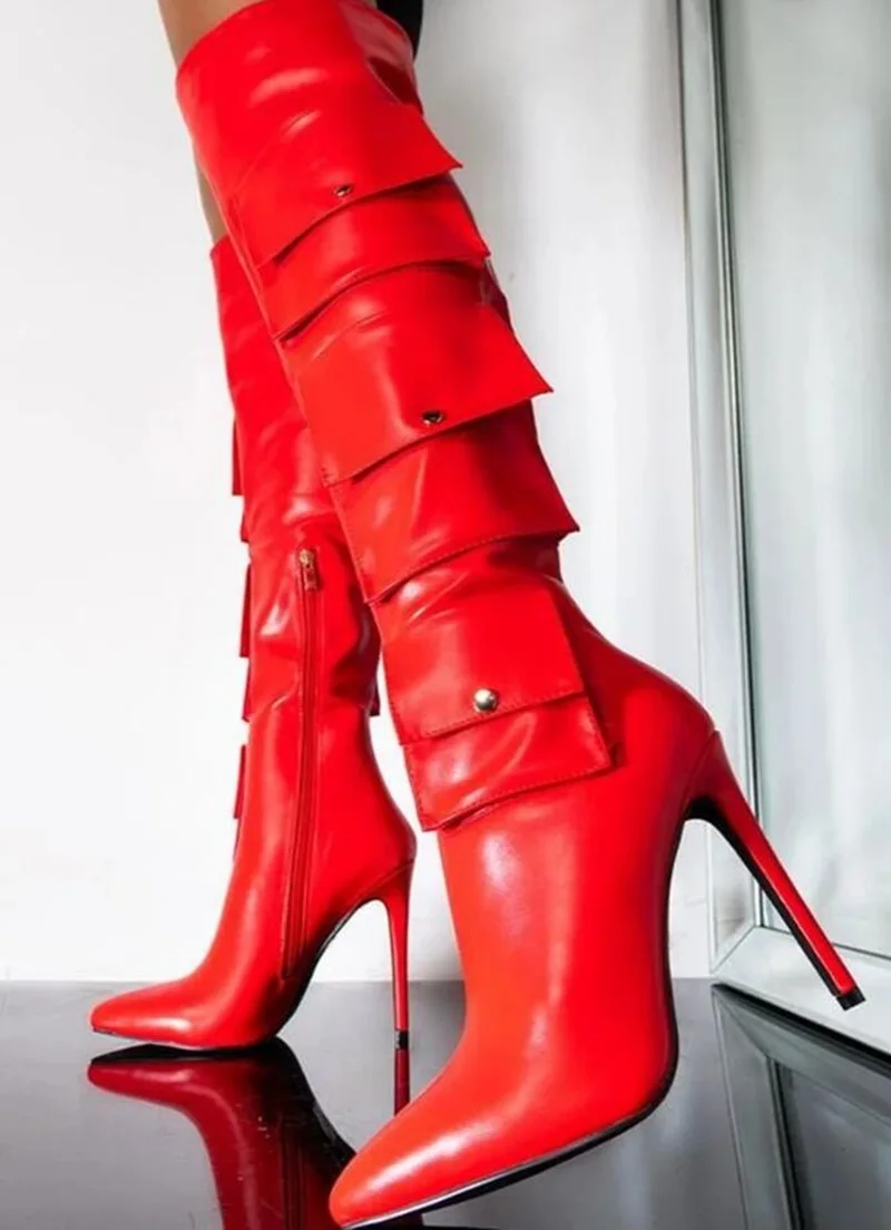 

Red Pocket Pointed toe Thigh High Winter Tall Boots Gladiator Heels Zipper Lady Night Club Shoes