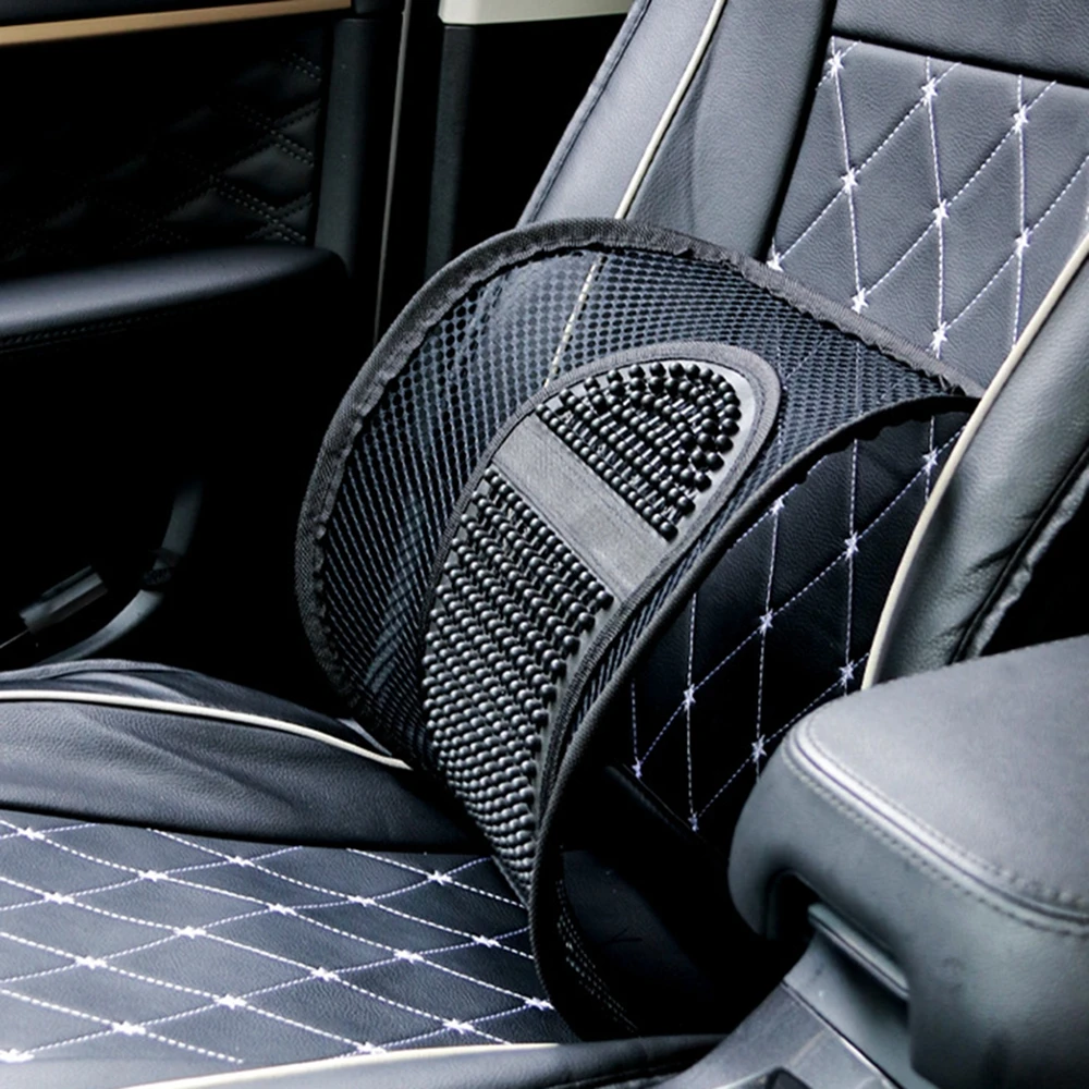 Car Lumbar Support Black Mesh Back Support Seat Air Flow Chair Back Elastic Strap Back Mesh Back Lumbar Support Wooden Beads