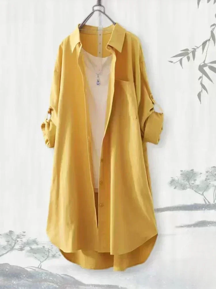 Plus Size Women Simple Long Sleeve Blouse Chic Korean Style Loose Fit Breathable Shirt Casual Autumn Solid Color Midi Tunic Tops