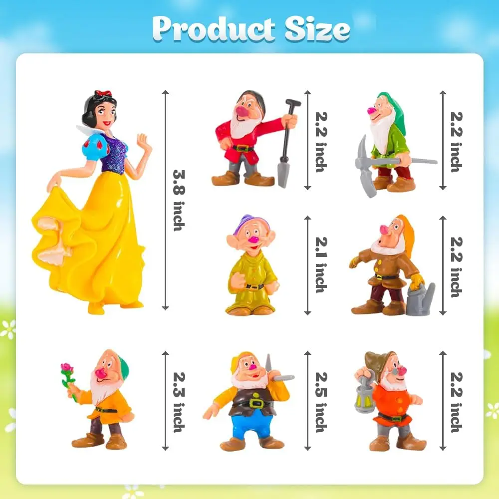 تماثيل صغيرة على شكل سنو وايت والأقزام السبعة - مجموعة مكونة من 8 قطع من تماثيل الأميرة مع جميع الأقزام السبعة - قطعة علوية لكعكة الأميرة مثالية لـ