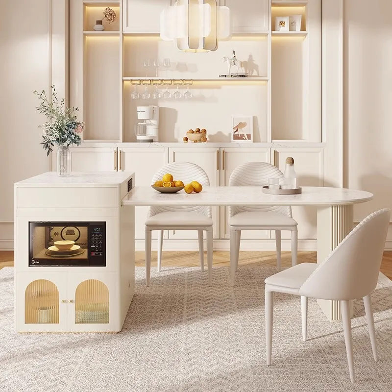 Retractable island rock slab dining table integrated light luxury oval home French