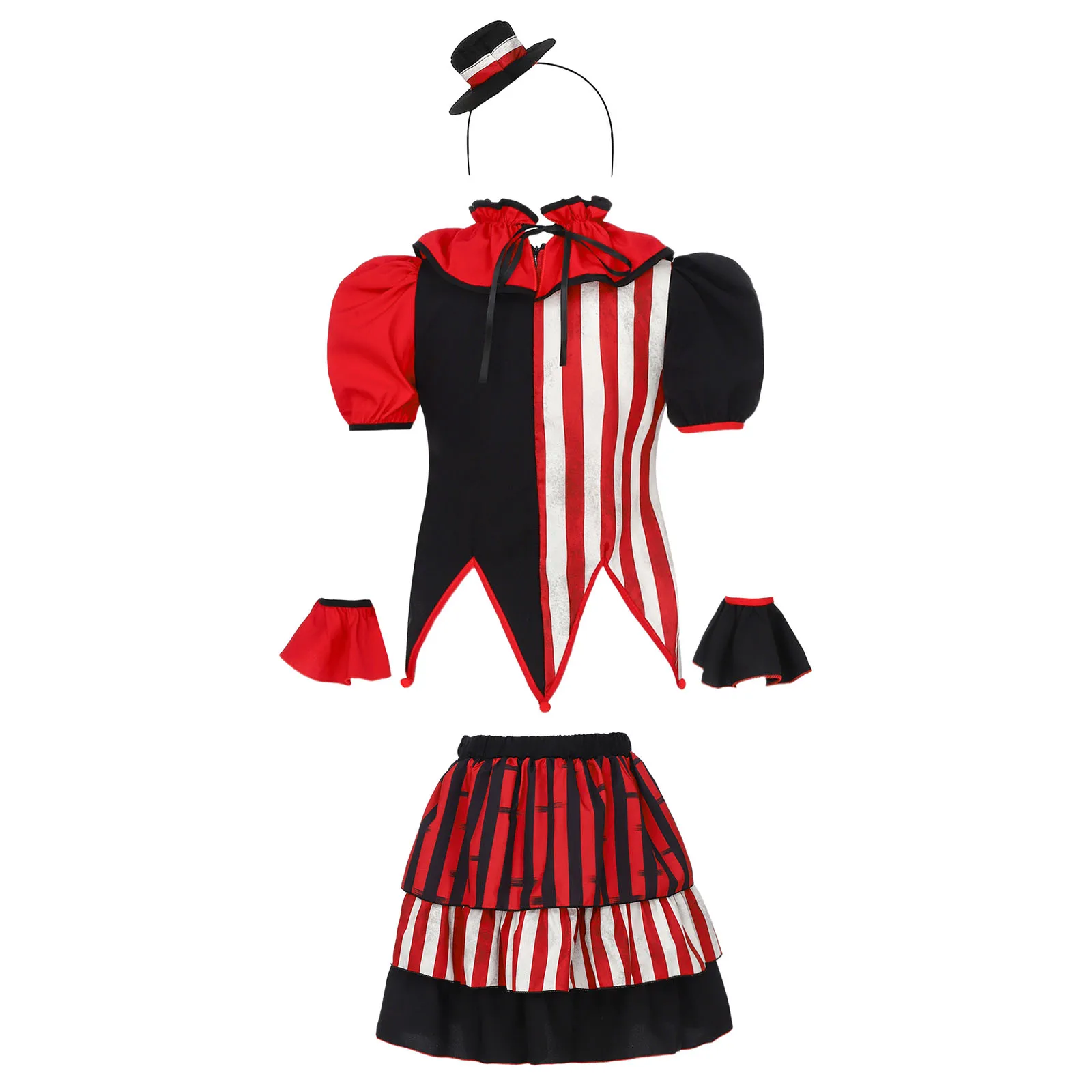 Sukienki dla dziewczynek, klaun, cyrk, paski, karnawał, występ, przebranie na Halloween, kostium cosplay, falbana z ząbkowanym brzegiem, warstwowa spódnica z falbanami