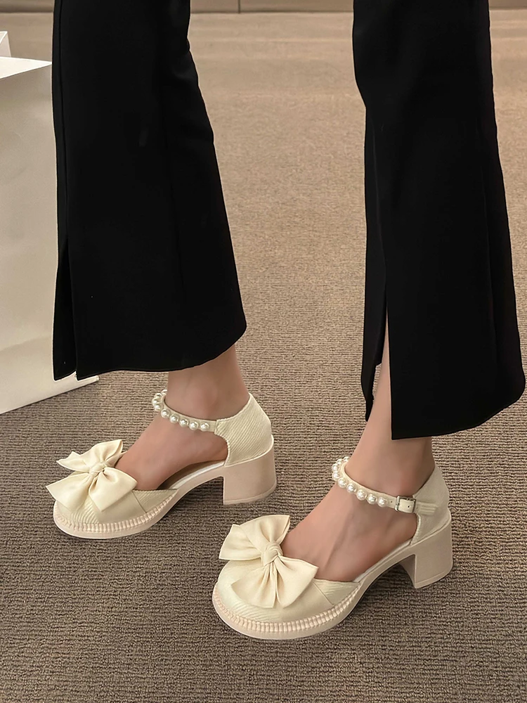 All-Match Bow Shoes 2024 Sandals Mary Jane Clear Heels Suit Female Beige Med Anti-Skid New Closed Black Block Comfort Medium Gir