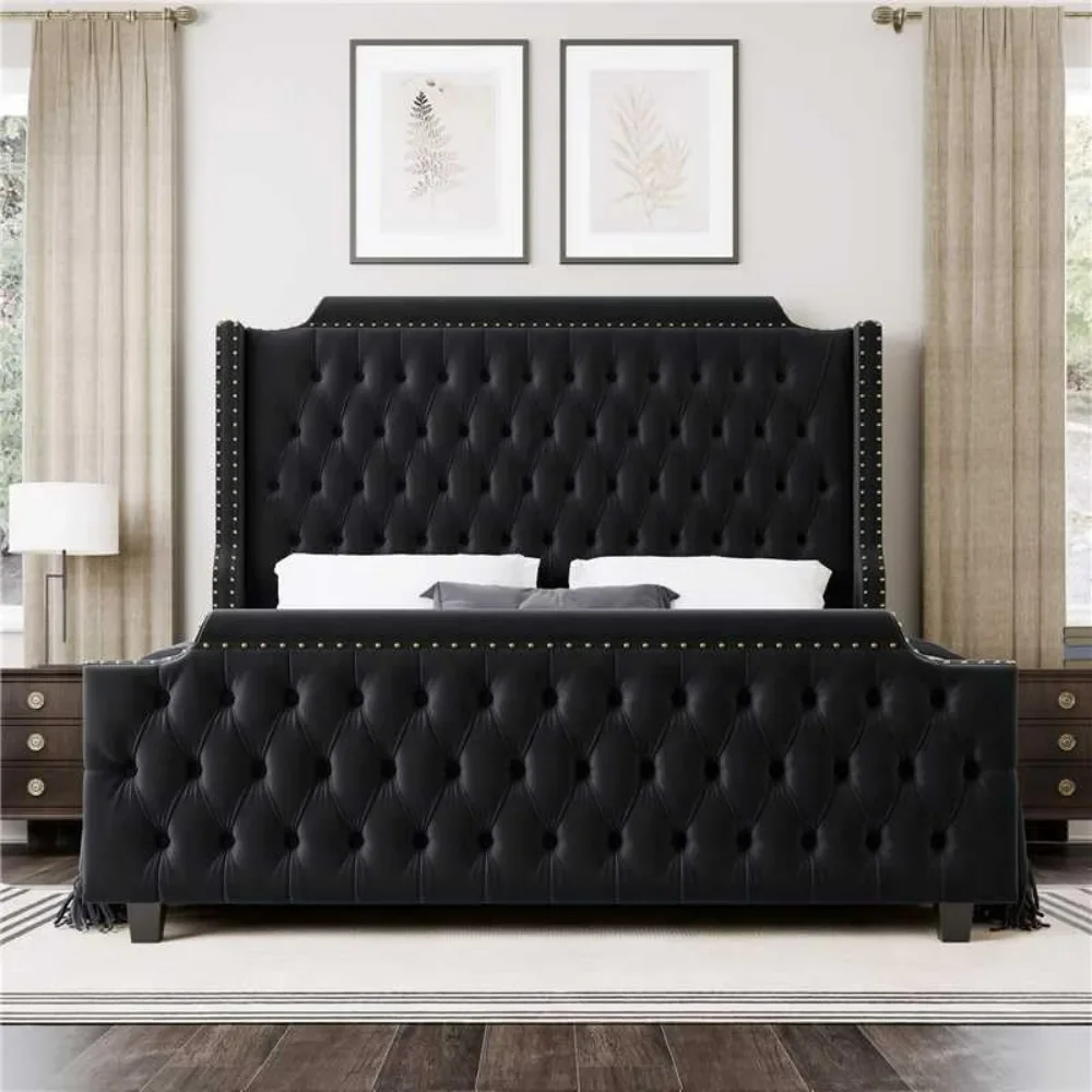 Platform Bed Frame with Wingback Headboard & Deep Button Tufted Footboard, Velvet Upholstered Bed Frame with Handmade Pleats