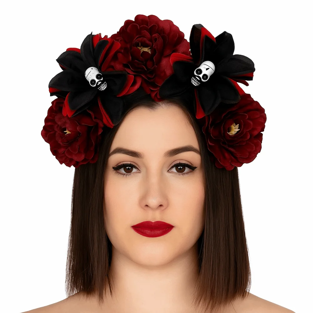 Exaggerated Skull Head Headband Simulation Flower Colorful Halloween Hair Hoop Funny Halloween Decor Gothic Flower Hairband