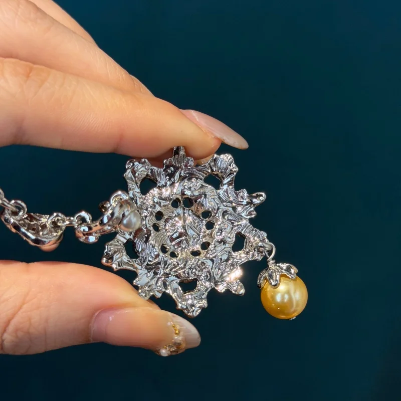 Hollow Vintage Yellow Pearl Pendent Flower Necklace Silver Color Retro Relief High Design For Women 2026 Birthday Art Deco Gifts
