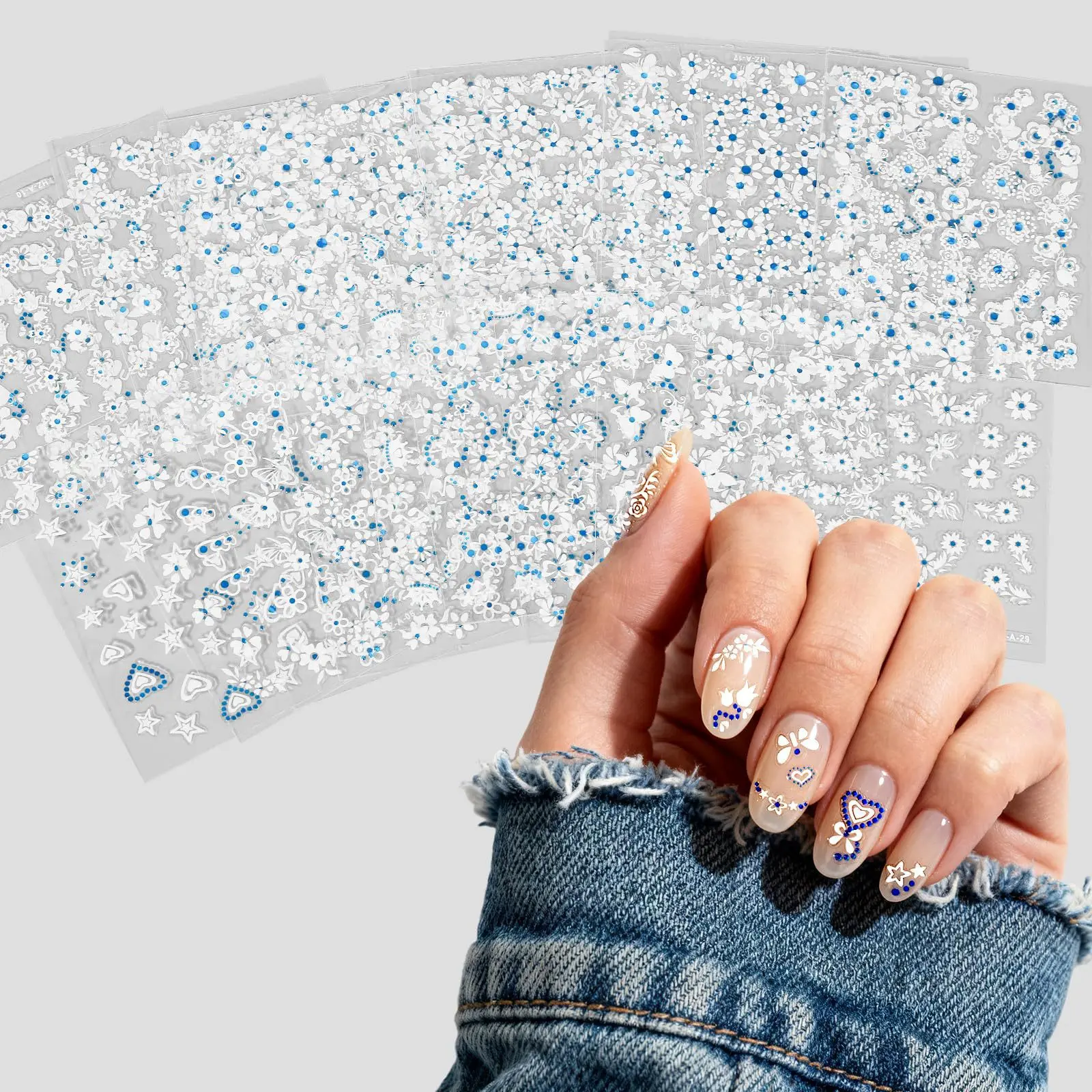 30 pieces of cross-border best-selling nail stickers with adhesive backing, self-stick, rhinestone, small blue flower, white