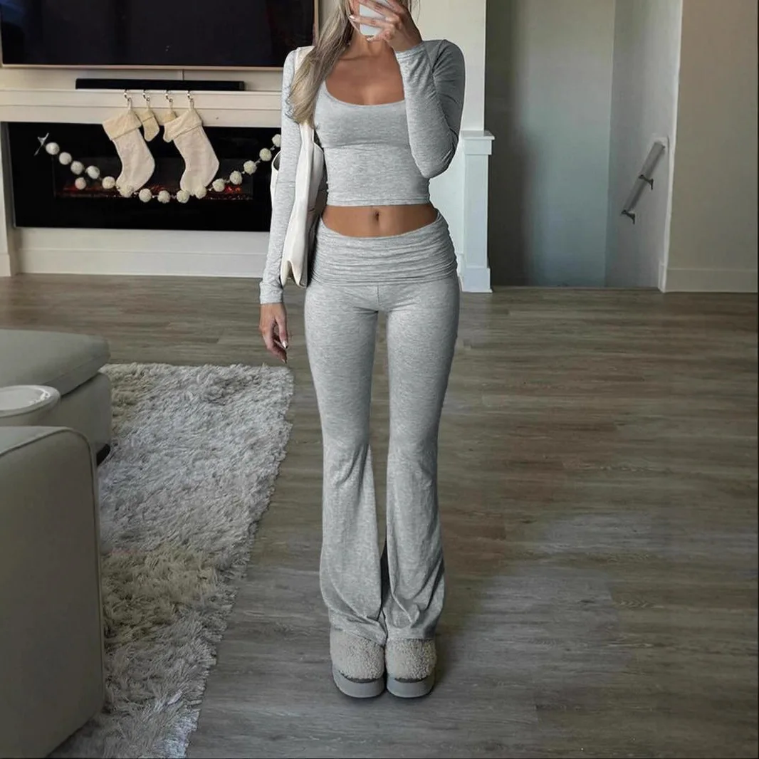 

Осень/зима 2023, европейский и американский однотонный повседневный вязаный топ с длинными рукавами, костюм для йоги, комплект из двух предметов, брюки