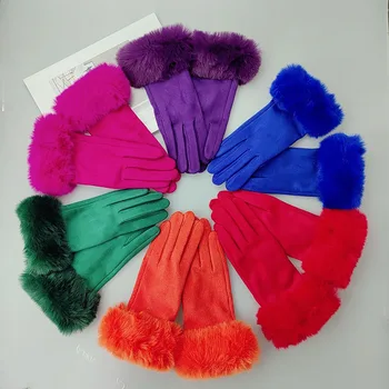 Modne zamszowe skórzane grube nadgarstki pluszowe zimowe ciepłe rękawice sportowe damskie na zewnątrz oraz aksamitny ekran dotykowy do jazdy rękawice