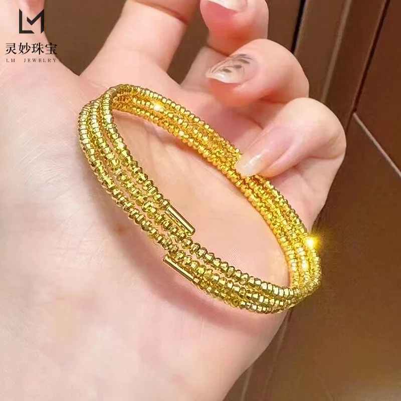

Роскошные ювелирные изделия из настоящего золота 9999, браслет с тремя кольцами, открытый женский весенний браслет с памятью, простой браслет