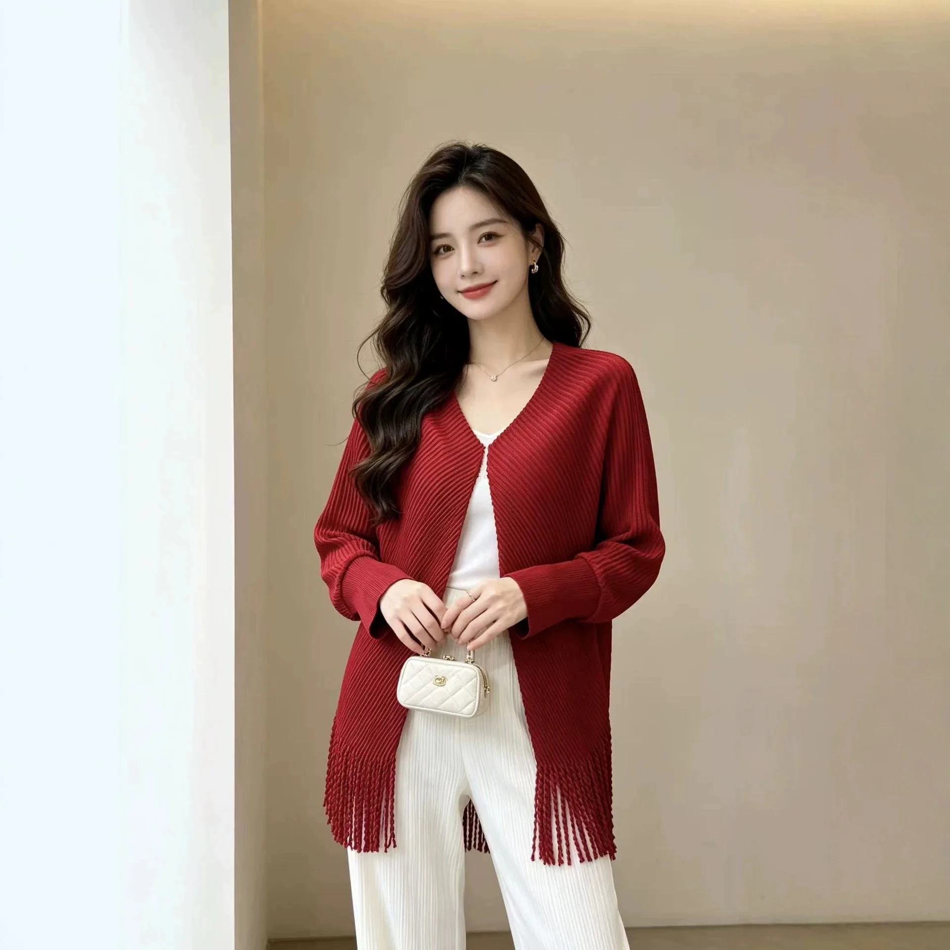 Miyake Style Pleated Tassel Shawl Cardigan Women Open Front Long Sleeve Loose Wrinkle‑Resistant Casual Cape Outerwear
