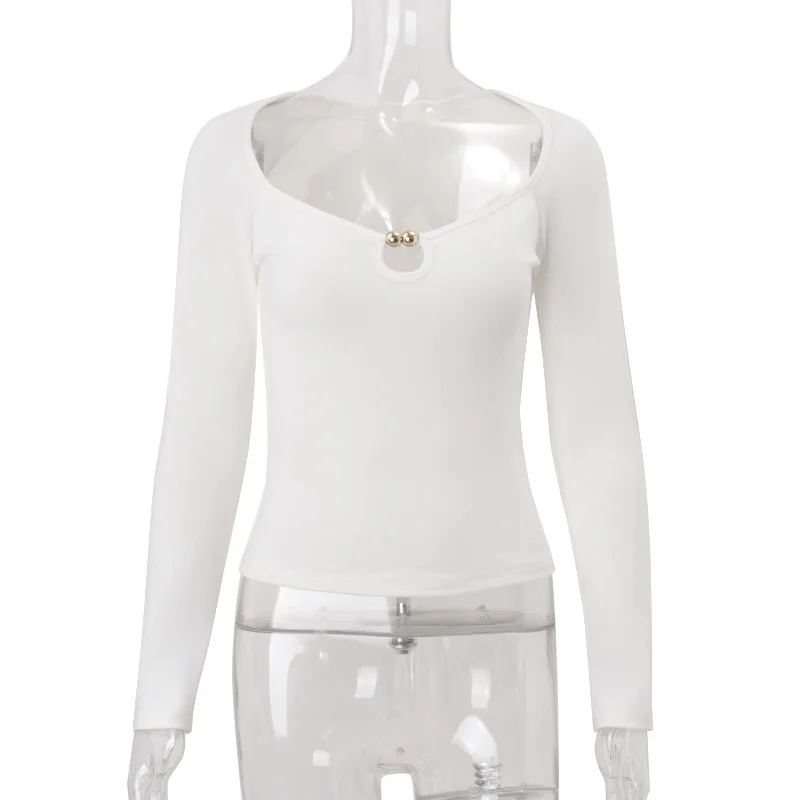 유럽과 미국 여성의 가을 신상 패션, 스트리트 스타일의 비즈 장식 슬림핏 긴팔 니트 탑