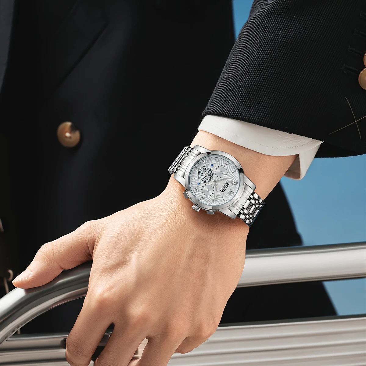 MARK FAIRWHALE Trend Business Stainless Steel Quartz Man Watch Chronograph Roman numerals Luminous with Waterproof
