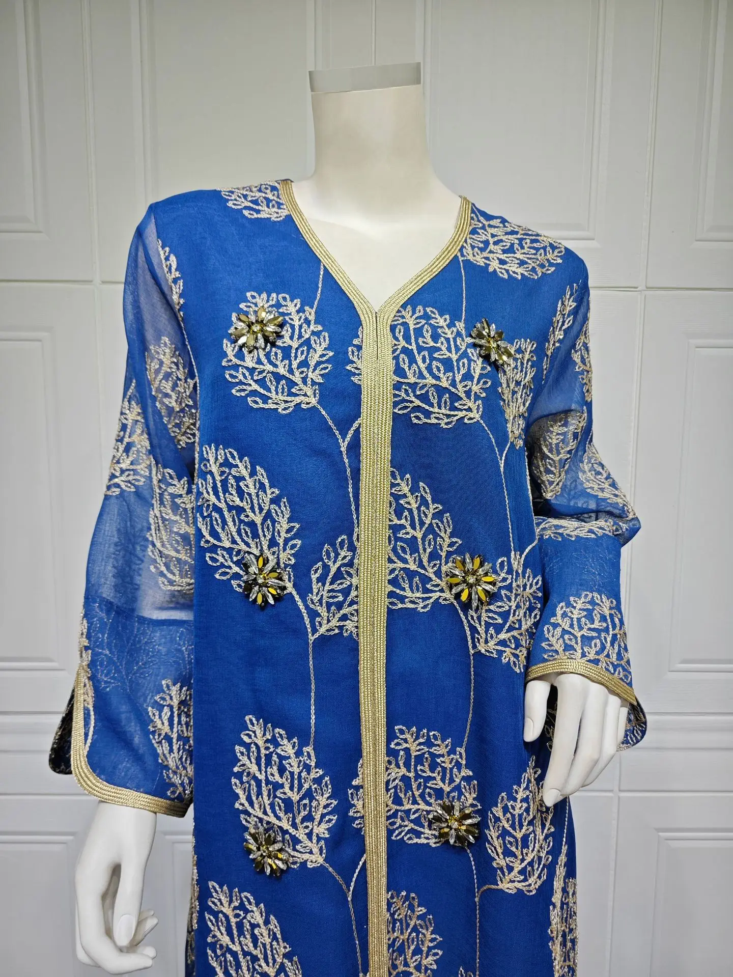 

Uni Women Jalabiya Arabic Dubai Mesh Embroidered Dress Handmade Beaded Robe Muslim Clothing Abaya