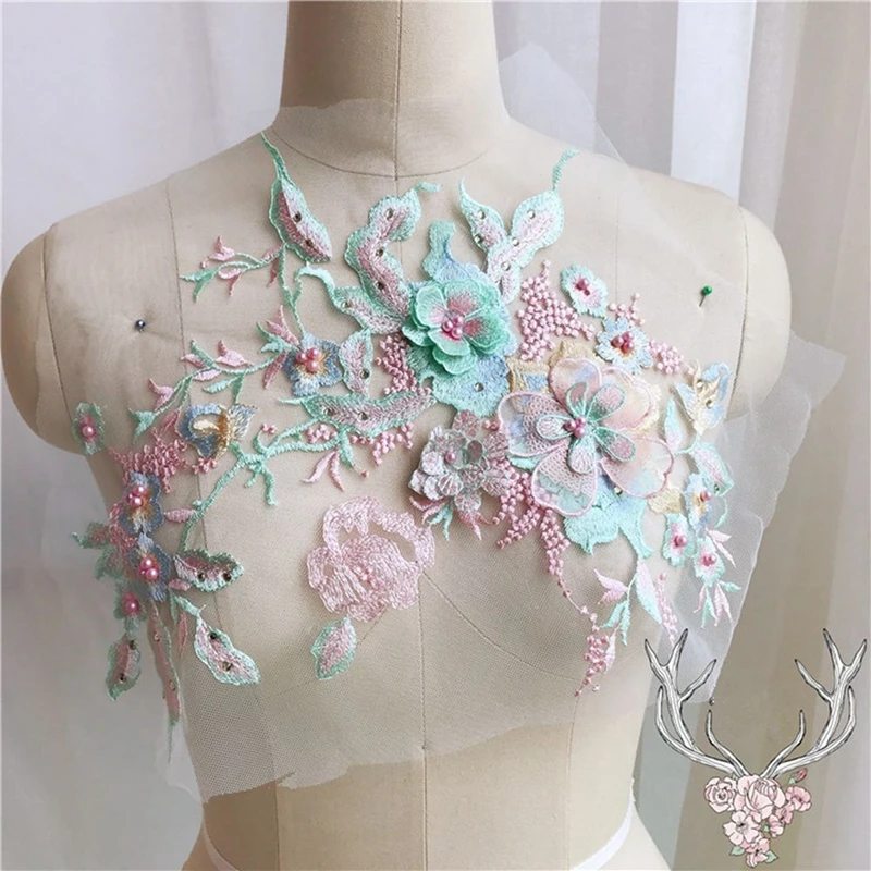 1pc Colorful 3D Flower Embroidery Patches Bridal Lace Sewing Fabric Applique Beaded Pearl Tulle DIY Wedding Dress