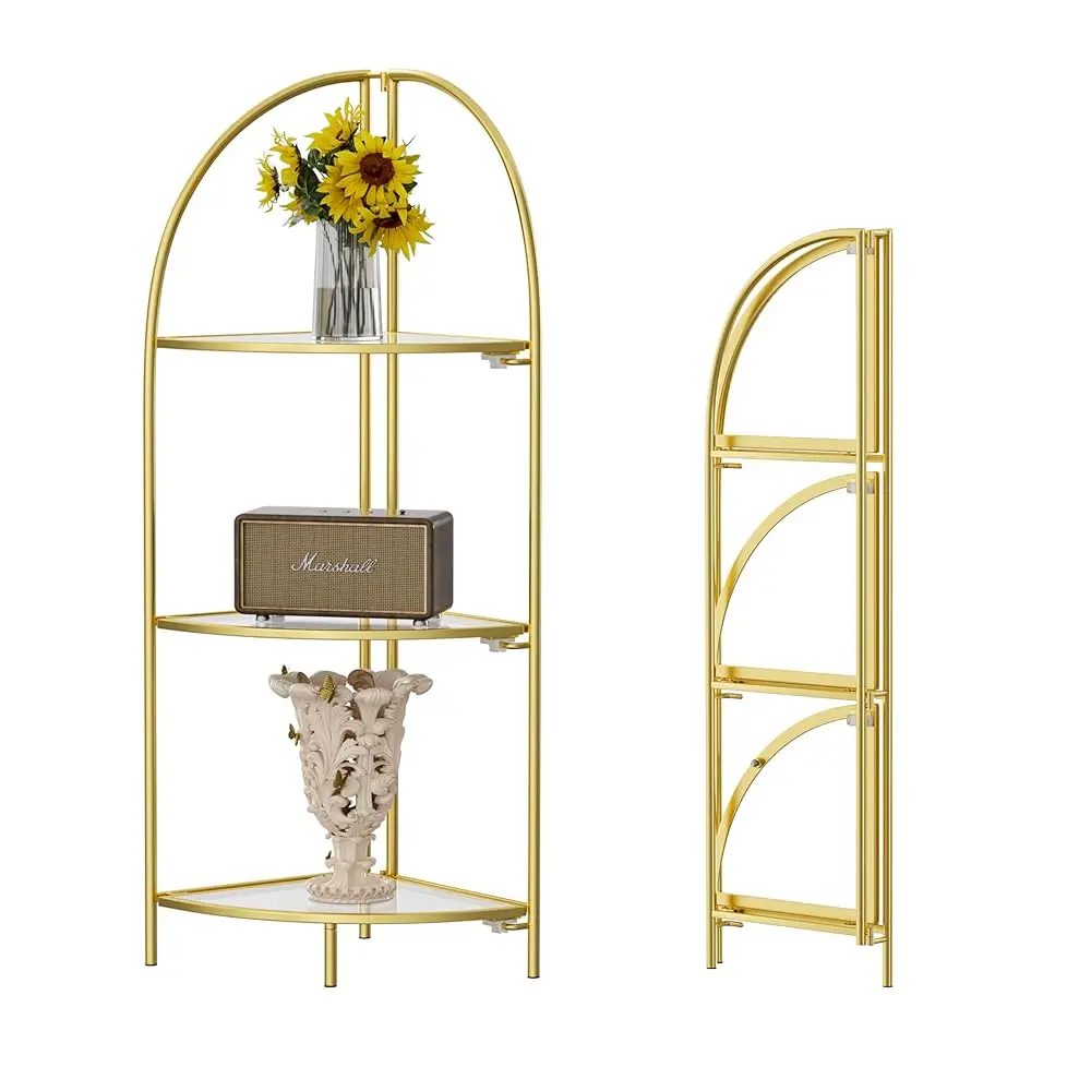 

Foldable 3 Tier Corner Shelf, Metal Corner Plant Stand With Gold Frame And Transparent Shelves, Corner Display Ra Multipurpose