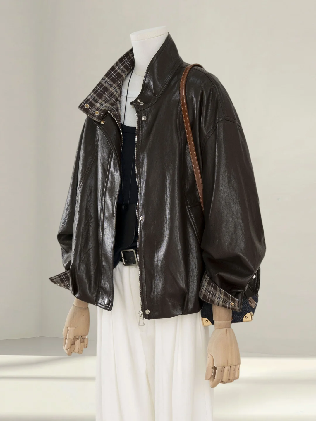 

Ce коричневый винтажный клетчатый воротник-стойка, свободный женский дэт, модная уличная одежда, весенне-осеннее кожаное пальто, топ