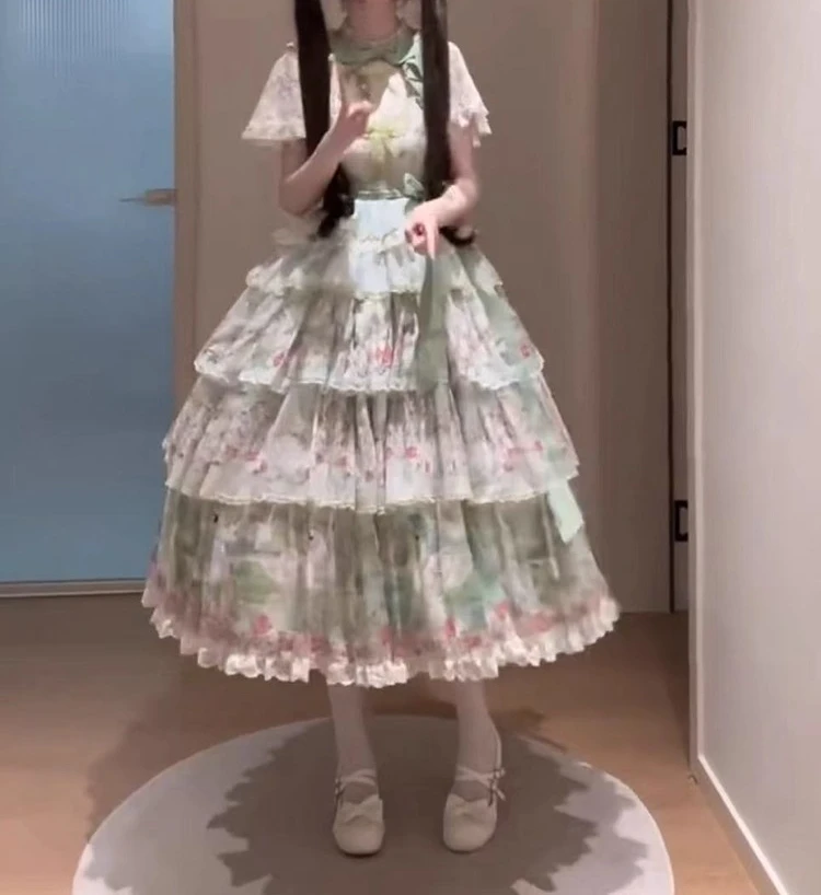 그린 파스토럴 스타일 JSK 숄 우아한 로리타 데일리 LO 드레스 데일리 드레스 JSK 스트랩 드레스 + 숄 + 헤드스카프 풀세트