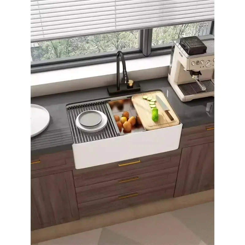 American-Style Deep Ceramic Sink KitchenScullery Household Embedded Dishwashing Double-Slot Vegetable Washing Sink