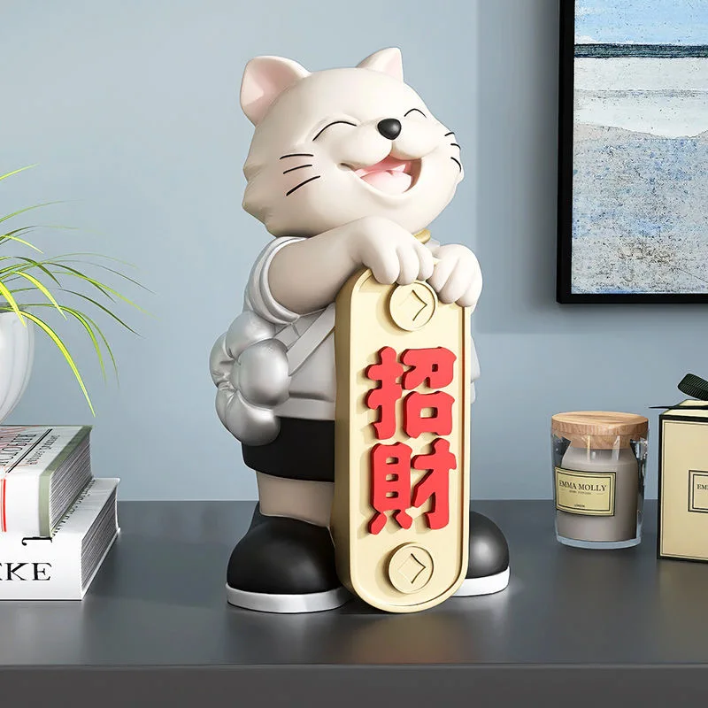 Cute Lucky Cat Statue Mascot for Home and Living Room Decoration, Feng Shui Happy Fortune Cat Crafts Christmas Gift