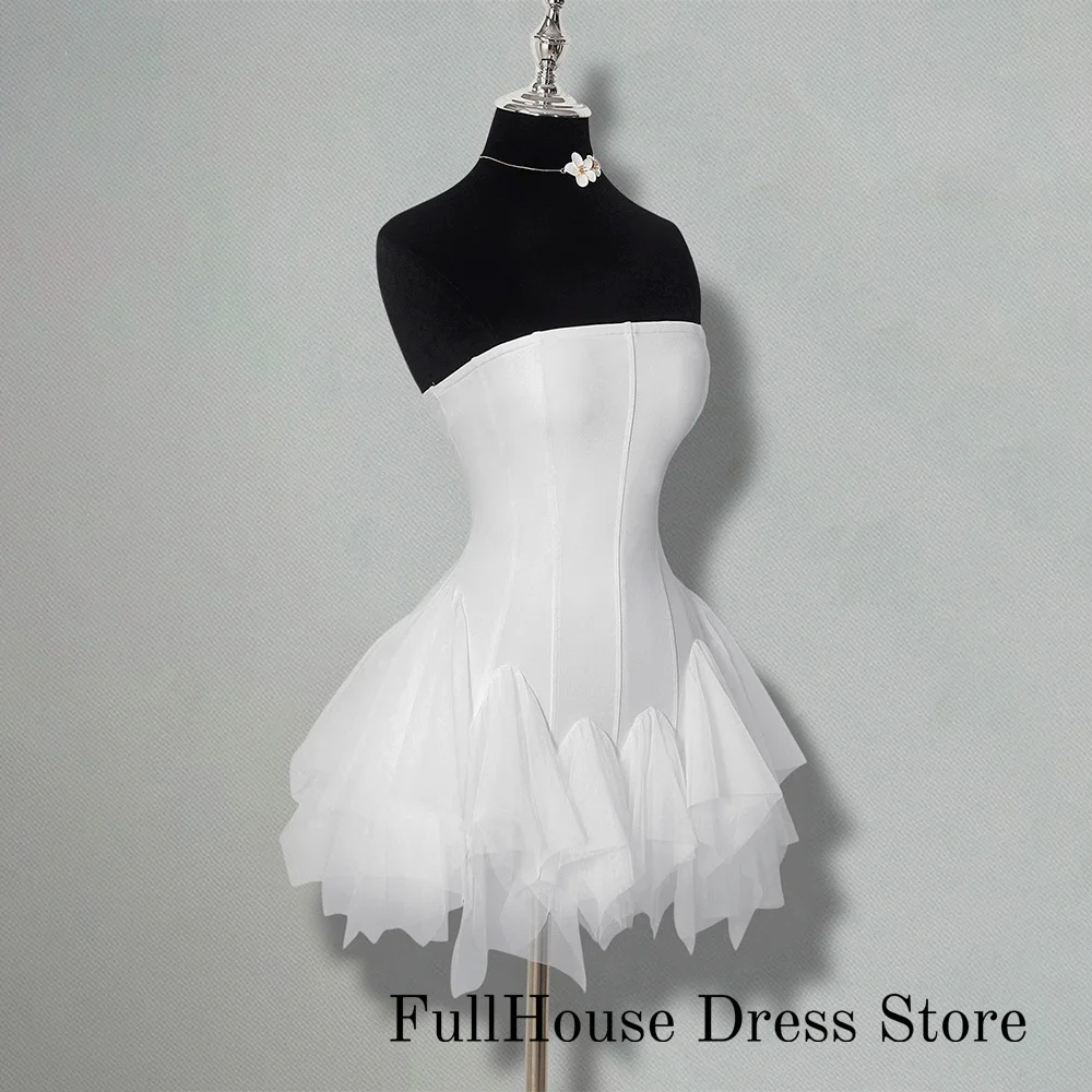 Customized Charming White Strapless Mini Dress Simple Ruffled Floral Design Formal Party Dress for High-End Affairs 2027