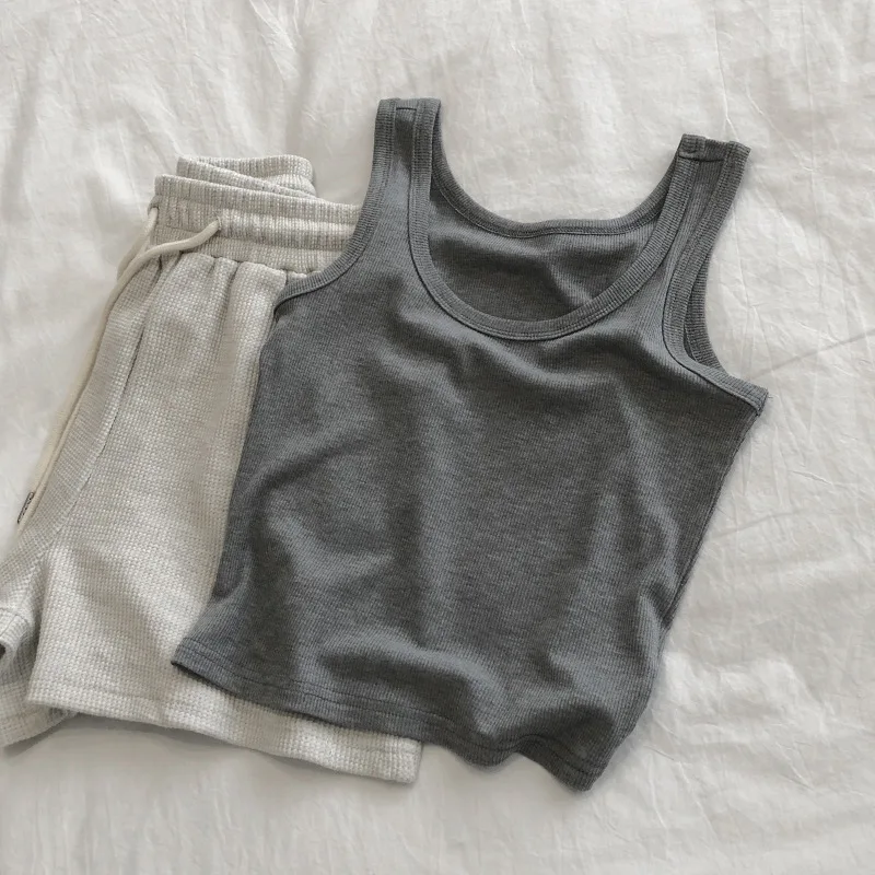 Fashionable Summer Solid Color Round Neck Threaded Elastic Vest for Women, Slim Fit and Slimming, Short Inner Top